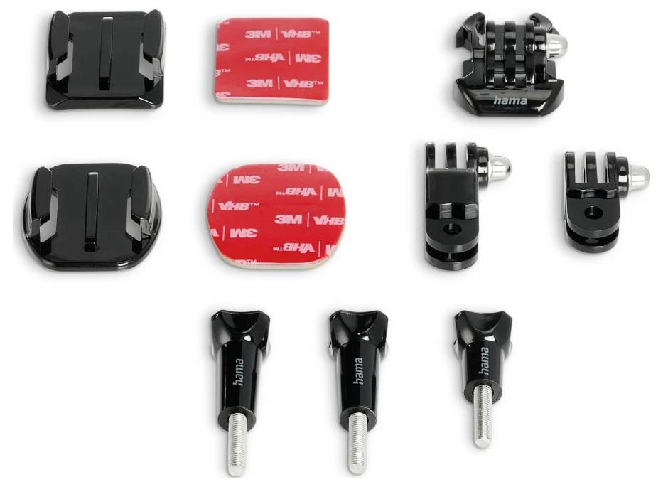 Assortiment de supports pour caméra d'action noirs et de tampons adhésifs avec ruban 3M, présentés sur un fond blanc.