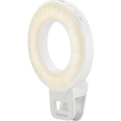 Lampe LED clip-on en forme d'anneau Hama blanche avec support intégré, présentée sur un fond uni.