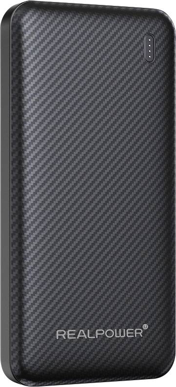 Banque d'énergie portable REALPOWER à motif de fibre de carbone noire avec coins arrondis et indicateur de charge LED.