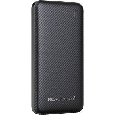 Banque d'énergie portable REALPOWER à motif de fibre de carbone noire avec coins arrondis et indicateur de charge LED.