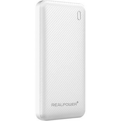 Banque d'énergie portable RealPower blanche avec surface texturée et indicateur de bouton latéral unique.