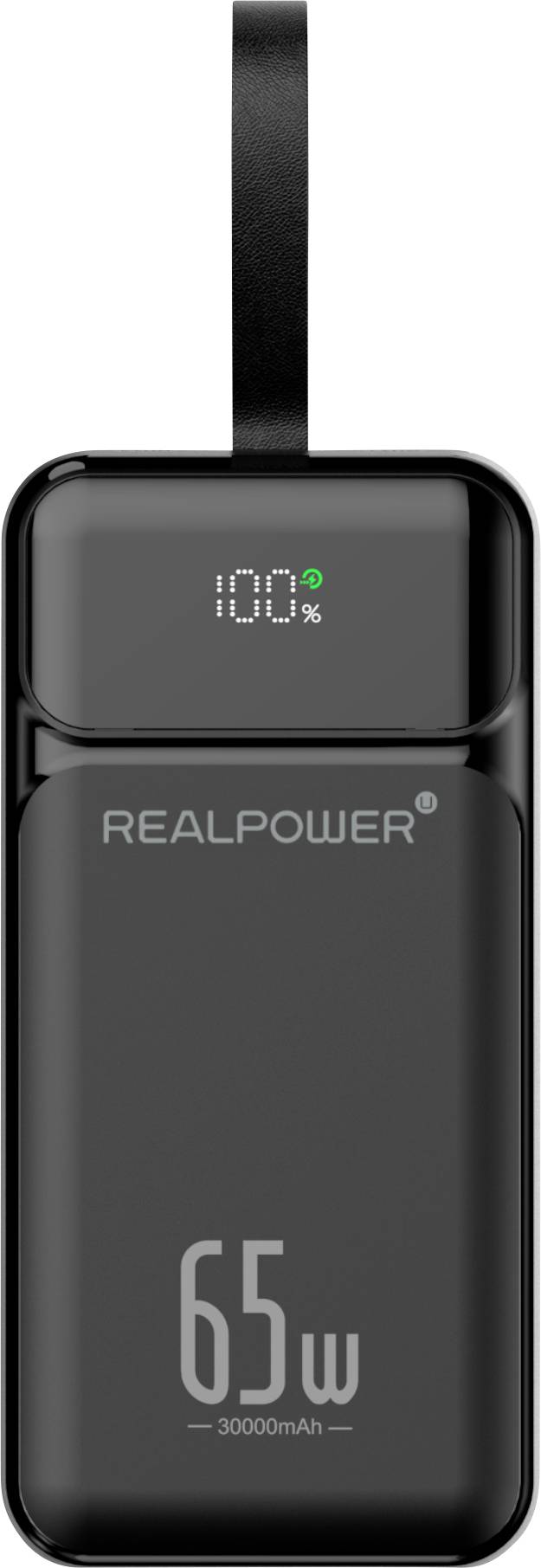 Banque d'alimentation REALPOWER noire avec un écran d'affichage numérique de la batterie indiquant 100 % et une sangle intégrée, étiquetée 65W et 30000mAh.