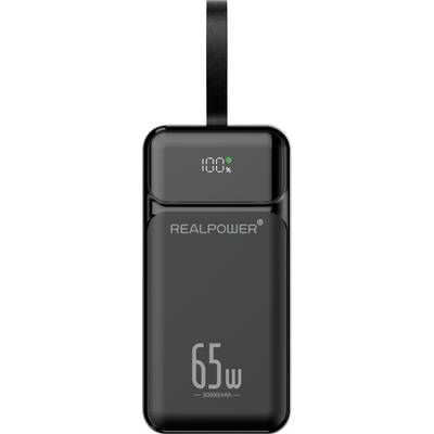 Banque d'alimentation REALPOWER noire avec un écran d'affichage numérique de la batterie indiquant 100 % et une sangle intégrée, étiquetée 65W et 30000mAh.