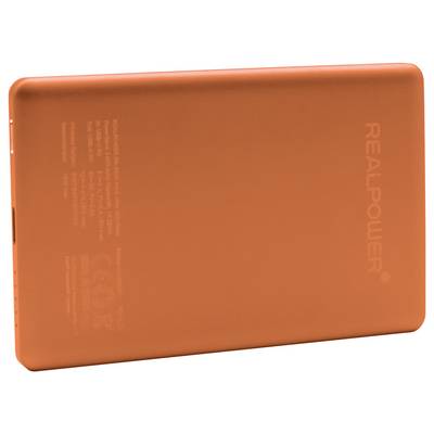 Banque d'énergie portable Orange Realpower vue de l'arrière, avec le nom de la marque et le petit texte réglementaire imprimé sur le boîtier.