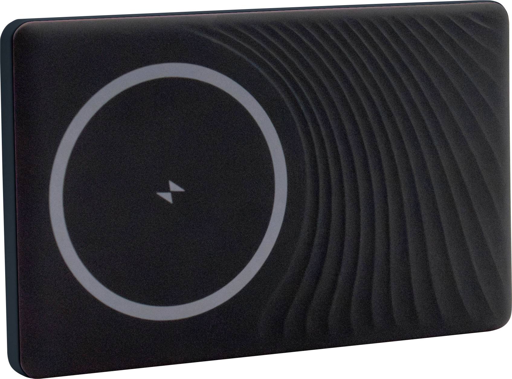 Socle de recharge sans fil rectangulaire noir avec un grand cercle gris indiquant le positionnement du téléphone.