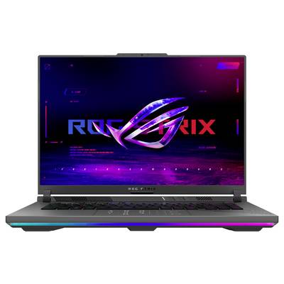 Un ordinateur portable de jeu affiché ouvert avec un clavier éclairé RGB et la marque ROG Strix affichée à l'écran dans un design néon violet et bleu.