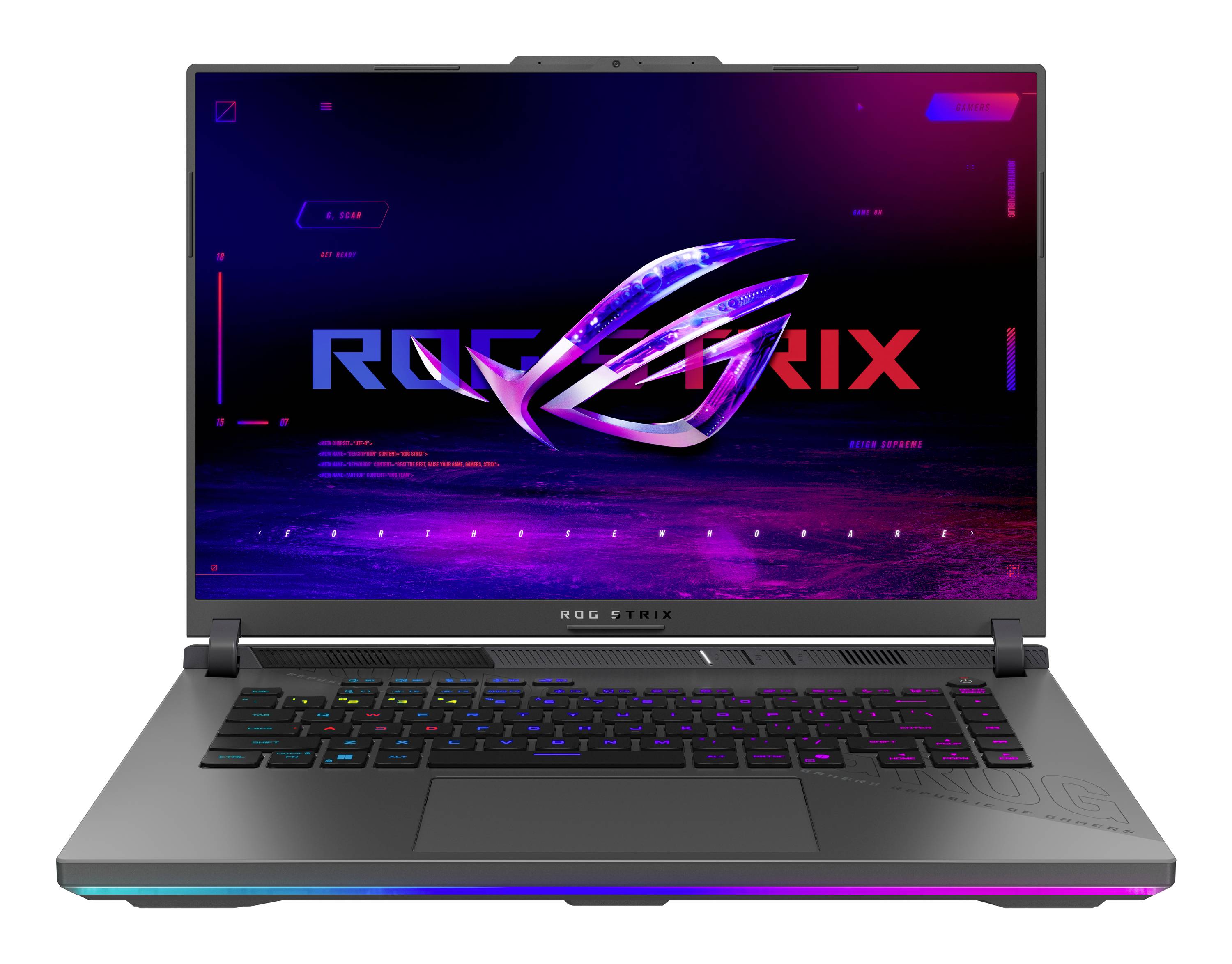Ordinateur portable ouvert affichant le logo ROG STRIX sur un écran de thème jeu vidéo avec des néons violet et bleu.