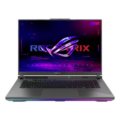 Ordinateur portable ouvert affichant le logo ROG STRIX sur un écran de thème jeu vidéo avec des néons violet et bleu.