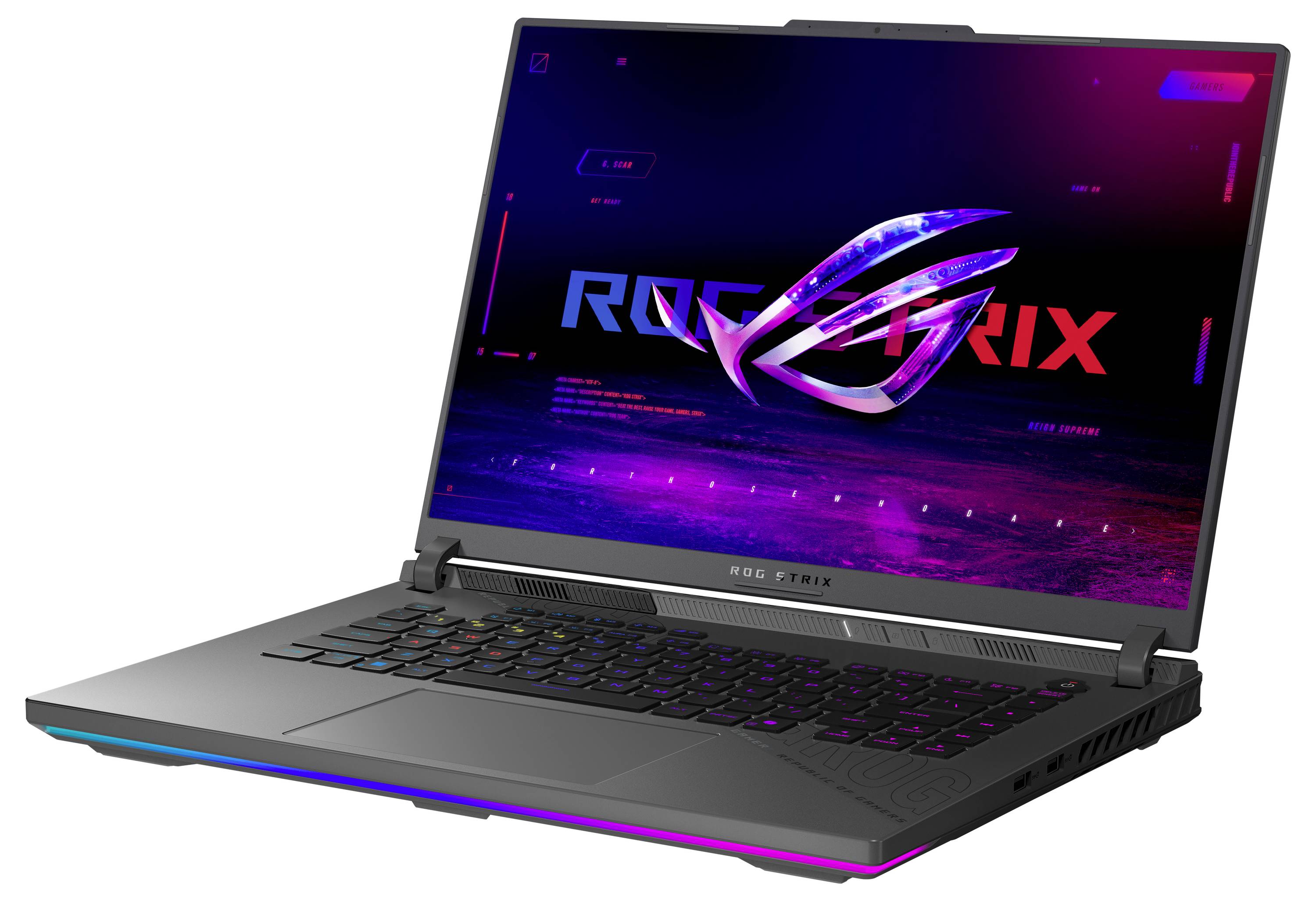 Ordinateur portable de jeu ouvert affichant le logo ROG sur son écran, avec un clavier rétroéclairé RGB et un châssis gris.