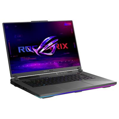 Un ordinateur portable de jeu ouvert affichant le logo ROG sur un écran de couleur violet néon et bleu.
