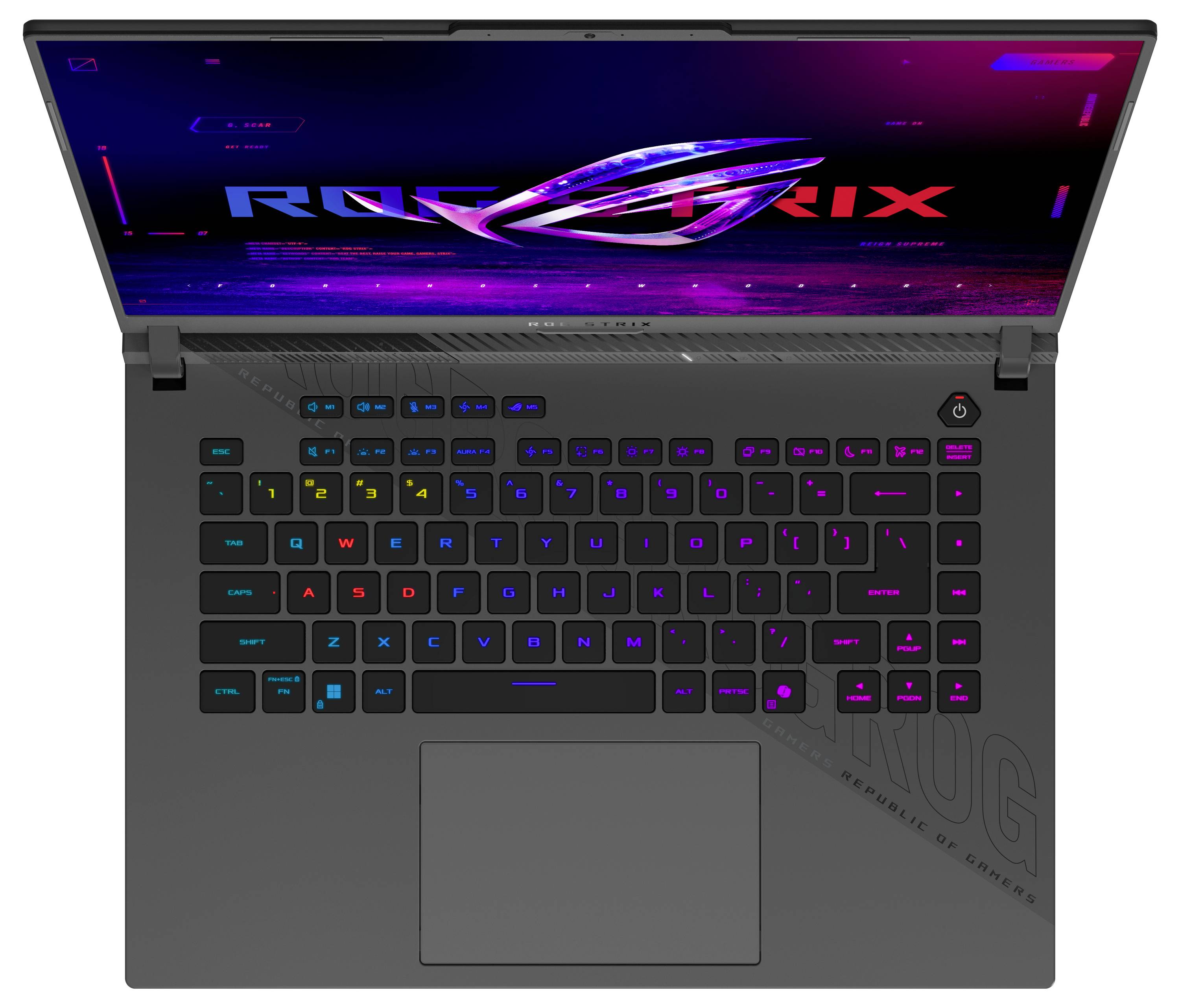 Vue de dessus d'un ordinateur portable gaming ASUS ROG avec un clavier RGB illuminé et un grand pavé tactile, affiché ouvert sur un écran avec thème ROG néon.