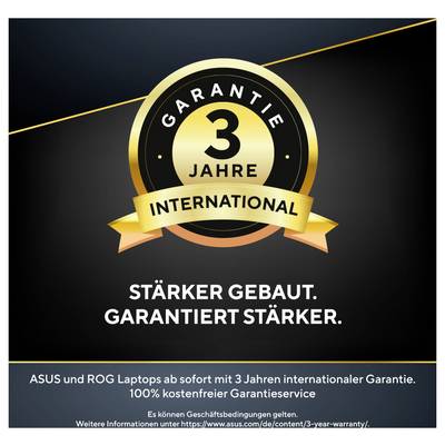 ASUS et ROG garantie d'ordinateur portable avec sceau d'or « 3 ans International » et slogan « Construit plus robuste. Garanti plus robuste. »