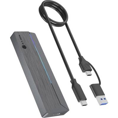 SSD externe portable avec câble USB-C et adaptateur USB-A, présenté sur un fond blanc.