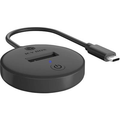 Socle adaptateur USB-C Icy Box noir et rond avec câble attaché, une prise USB-C, un voyant LED bleu et un bouton d'alimentation.