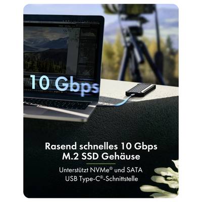 Image promotionnelle d'un ordinateur portable connecté à un boîtier externe SSD M.2 étiqueté « 10 Gbps » ; le texte indique « Boîtier SSD M.2 ultra rapide 10 Gbps » et « Supporte NVMe et SATA Interface USB Type-C ».