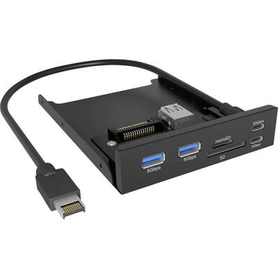 Station d'accueil USB-C avec câble attaché, montrant les ports avant : deux USB-A 5 Gbps, microSD, SD, HDMI 20 Gbps, et sortie USB-C 5 Gbps.