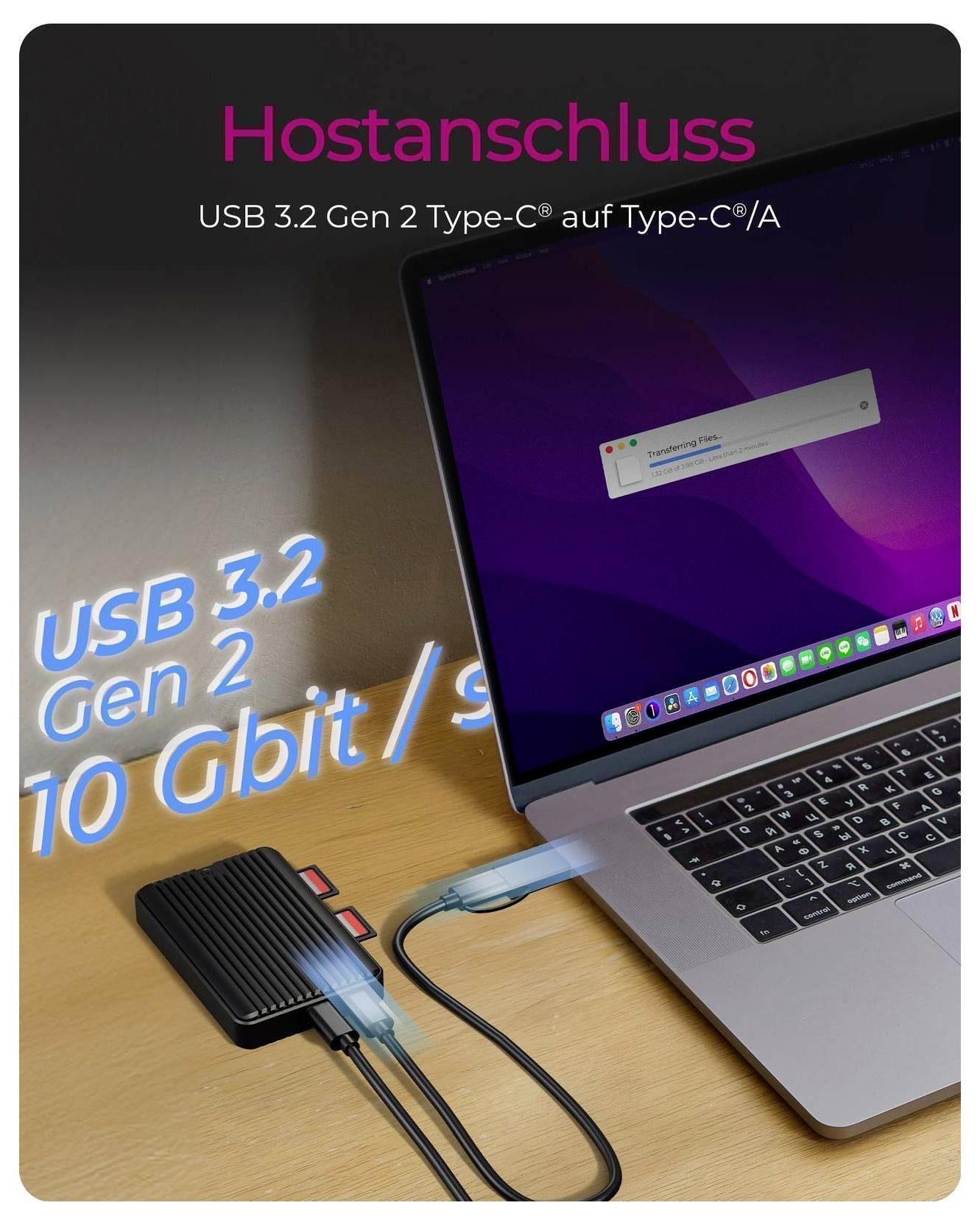 Un ordinateur portable connecté à un lecteur externe avec un câble USB-C, illustrant la compatibilité des ports USB 3.2 Gen 2 Type-C vers Type-C/A et une vitesse de 10 Gbit/s.