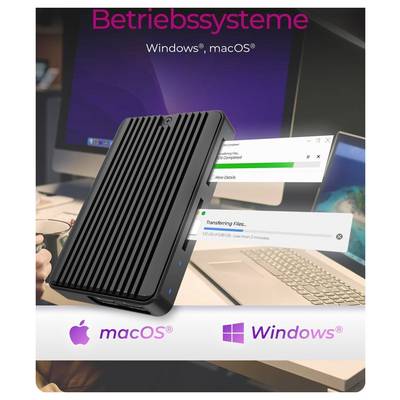 Disque dur externe portable pour Windows et macOS, affiché sur l'écran d'un ordinateur portable avec des barres de progression de transfert de fichiers et le texte « Systèmes d'exploitation ».