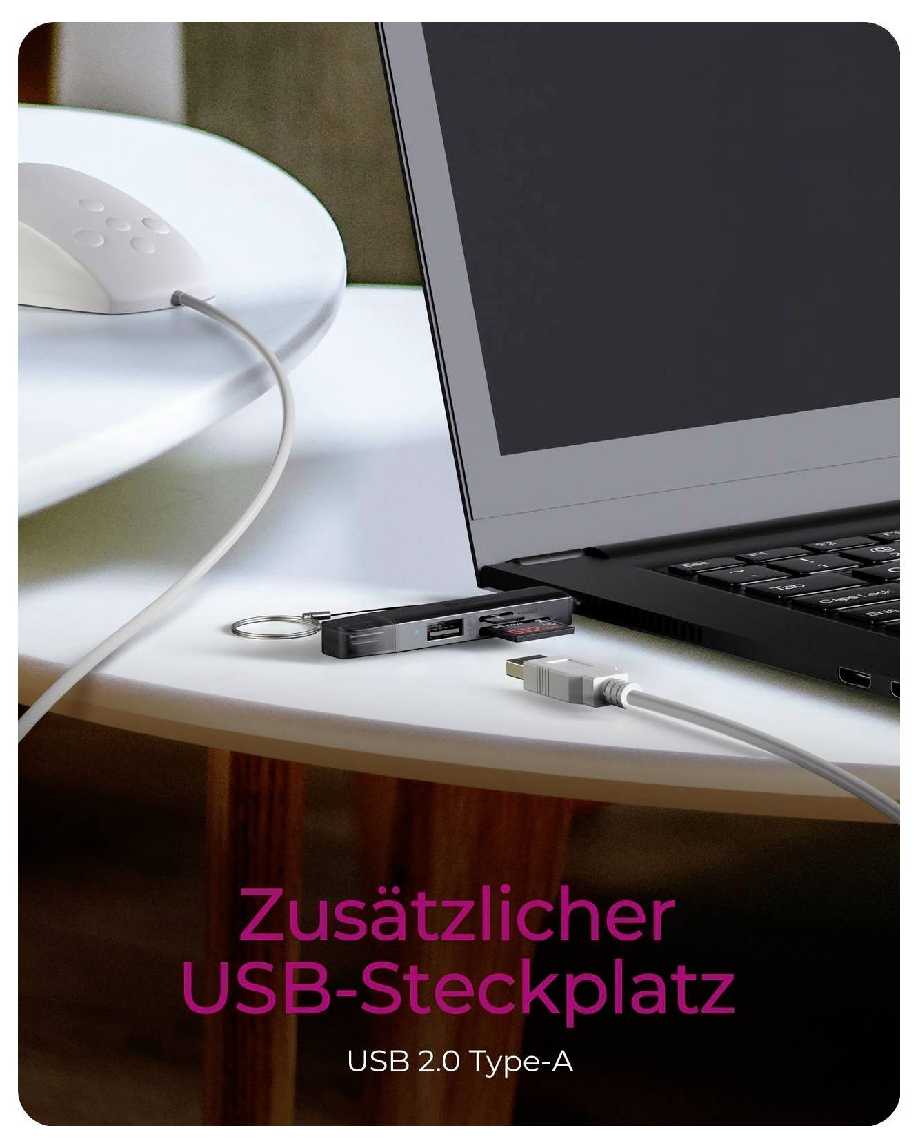 Ordinateur portable avec une clé USB et un câble connectés à un port USB, superposés d'un texte allemand « Zusätzlicher USB-Steckplatz » et « USB 2.0 Type-A » indiquant un emplacement USB supplémentaire.