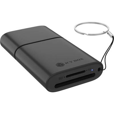 Lecteur de cartes externe 'ICY BOX' noir avec emplacements SD et TF, présenté avec une boucle de lanière attachée.