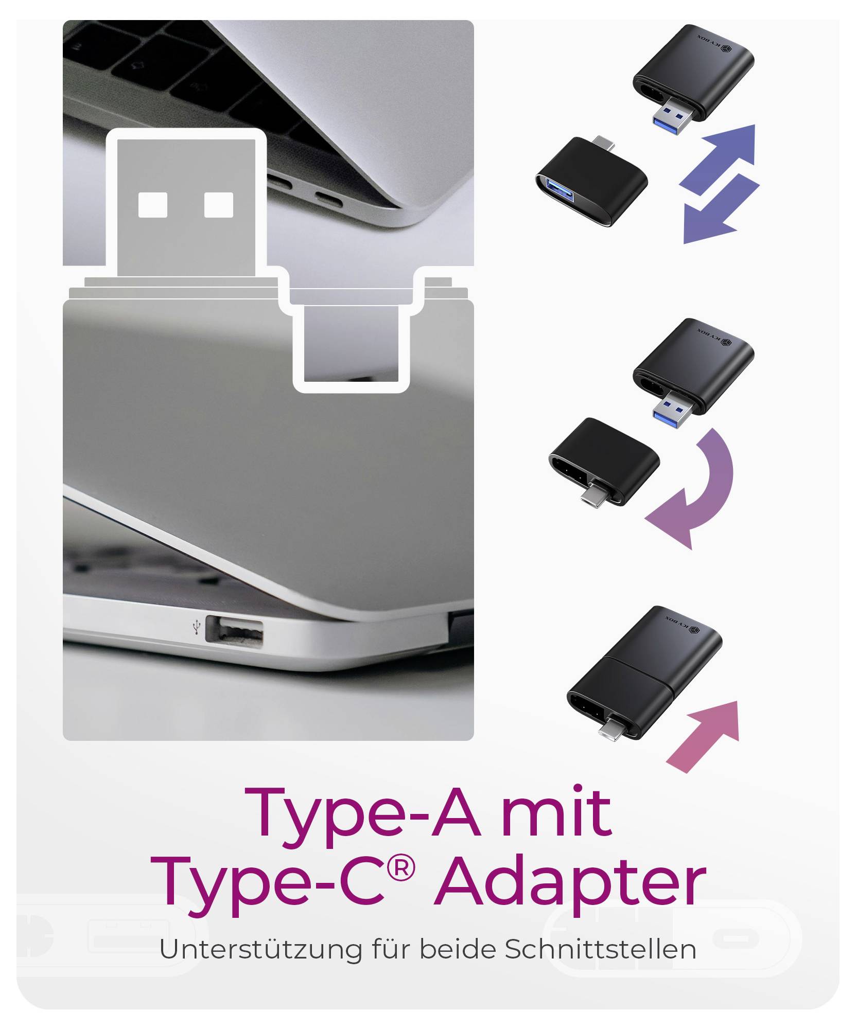 Adaptateur USB Type-A vers Type-C®, avec diagrammes indiquant qu'il fonctionne dans les deux orientations ; le texte se lit « Adaptateur Type-A avec Type-C® » et « Support pour les deux interfaces ».