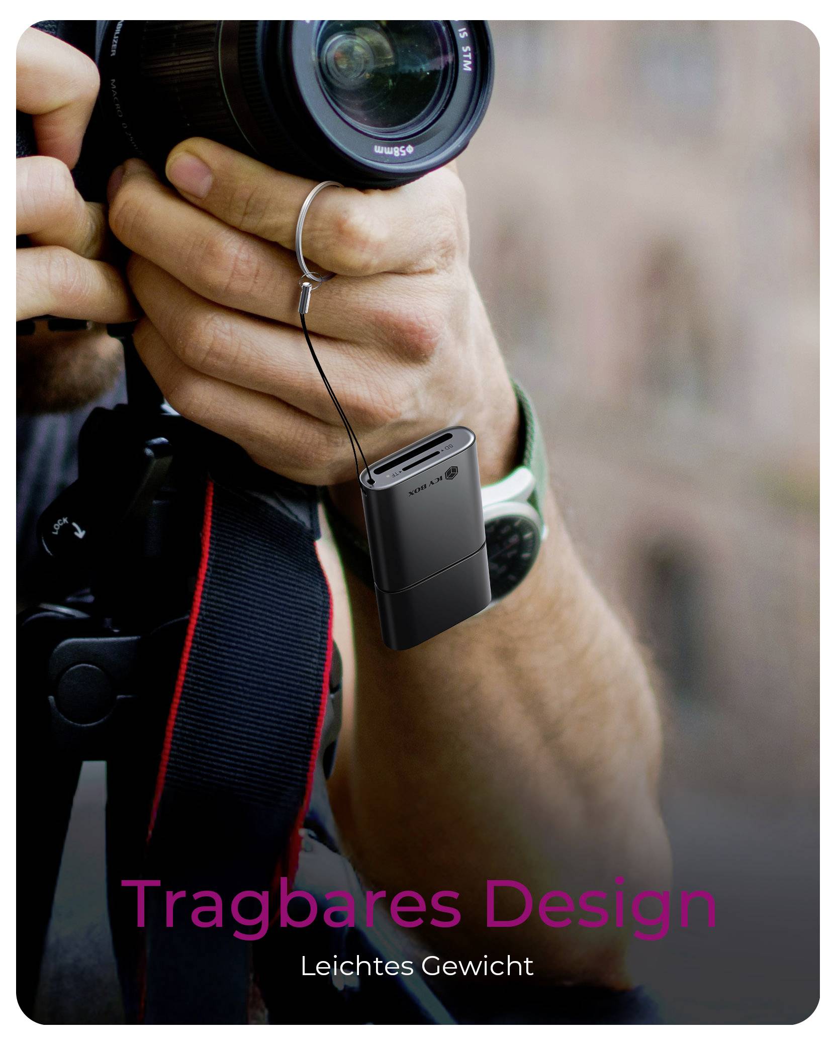 Gros plan d'une personne tenant un appareil photo, avec un petit appareil noir suspendu à la sangle du poignet ; le texte indique « Design portable » et « Poids léger ».