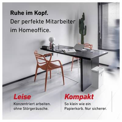Publicité pour un meuble de bureau à domicile silencieux et compact : Bureau avec chaise et texte « La paix de l'esprit. Le partenaire idéal du télétravail. »