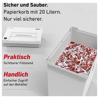 Image publicitaire d'une corbeille à papier de 20 litres avec couvercle et niveau de remplissage visible; le texte souligne « Sûr et Hygiénique », « Pratique » et « Maniable ».