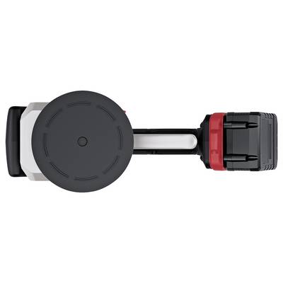 Vue de dessus d'un chargeur mural noir rond ou connecteur de dispositif avec un anneau de verrouillage rouge et un câble attaché sur un fond blanc