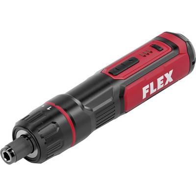 Outil rotatif sans fil FLEX rouge et noir avec mandrin et contrôles de vitesse, montré sur fond blanc.