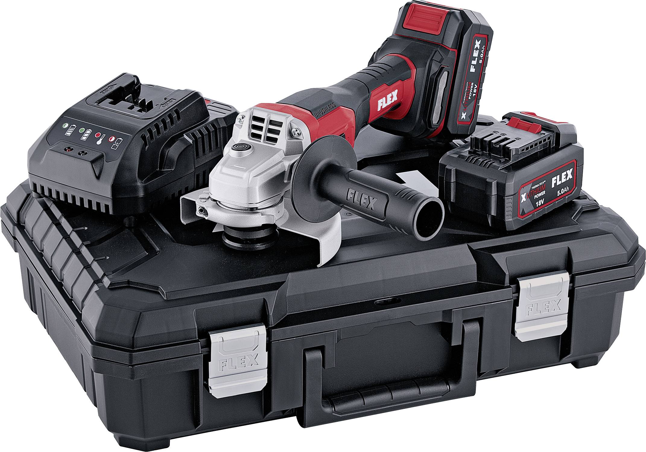 Kit meuleuse d'angle FLEX sans fil avec mallette de transport rigide, chargeur et batterie.