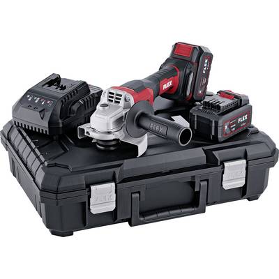 Kit meuleuse d'angle FLEX sans fil avec mallette de transport rigide, chargeur et batterie.