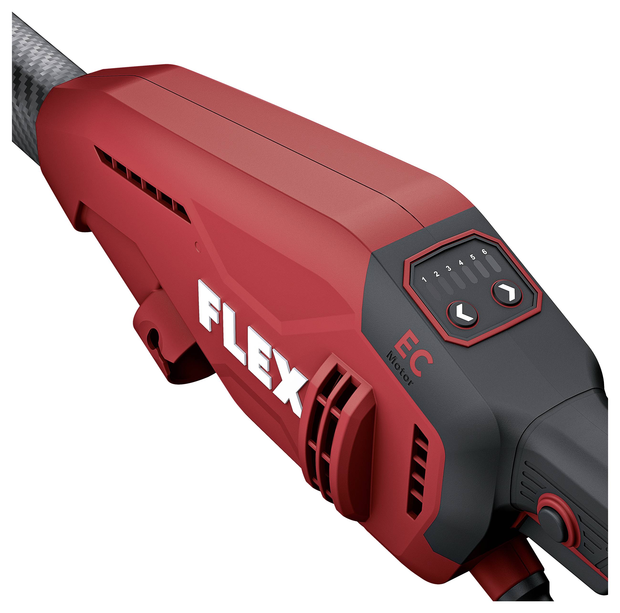 Outil électrique Red FLEX, probablement un ponceuse portative ou polisseuse, montré en gros plan sur un fond blanc.
