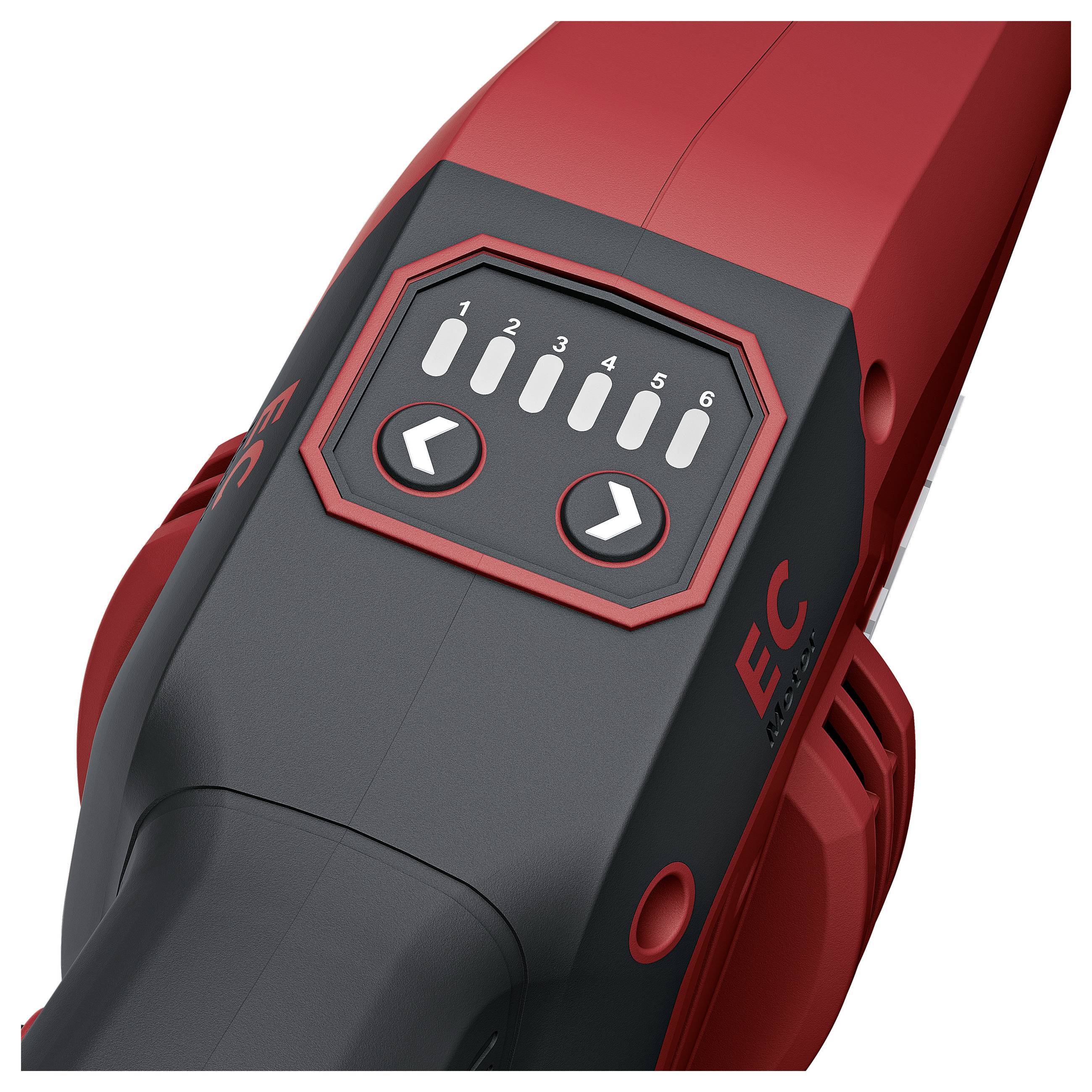 Gros plan d'un bloc-batterie d'outil électroportatif rouge et noir avec un indicateur de charge à 6 niveaux, des boutons fléchés gauche et droit, et une marque « EC ».