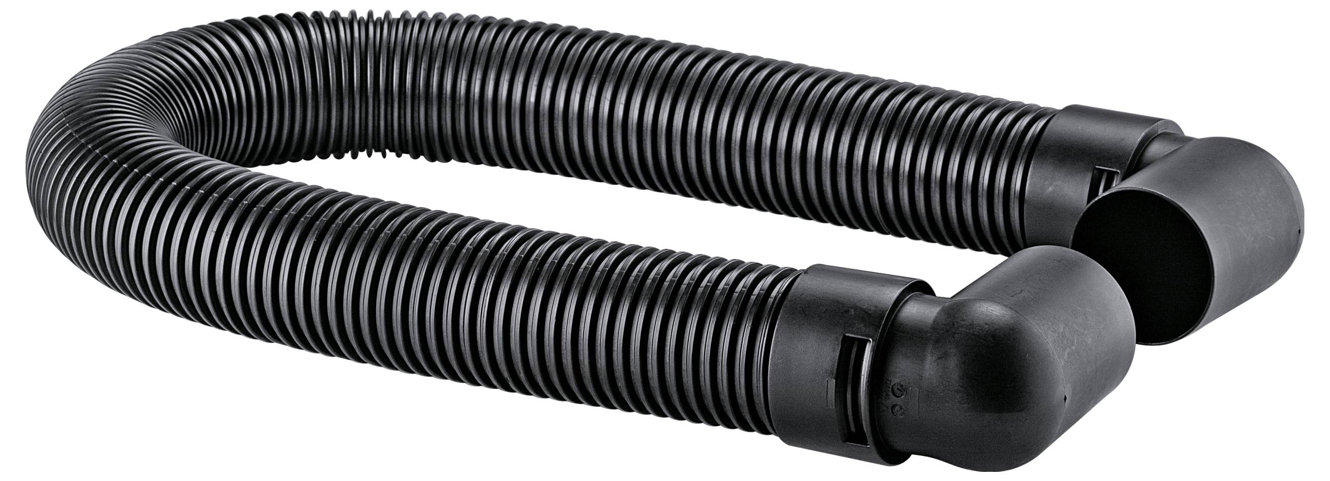 Tuyau flexible en carton ondulé noir avec deux connecteurs de coude en plastique noir inclinés sur un fond blanc.
