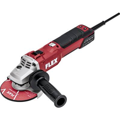 Meuleuse d'angle FLEX filaire rouge et noire avec poignée latérale et disque de meulage attaché, présentée sur un fond blanc.