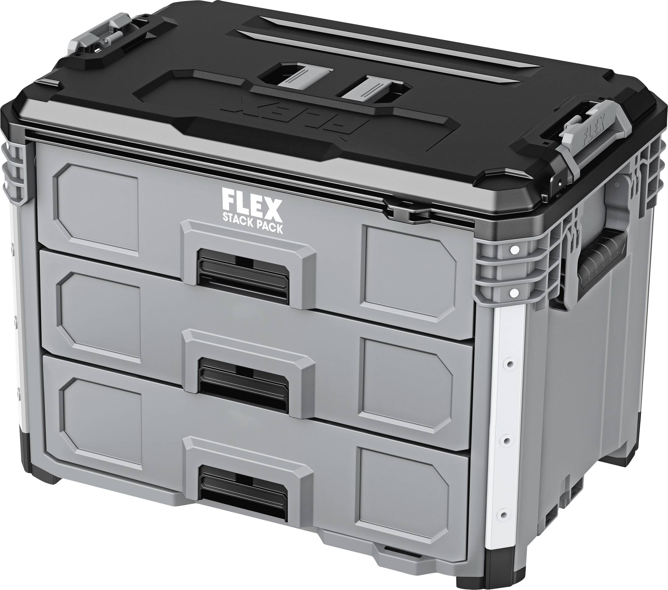 Boîte de rangement Gray FLEX stack pack avec trois tiroirs avant et couvercle noir, présentée comme un étui organisateur d'outils portatif.