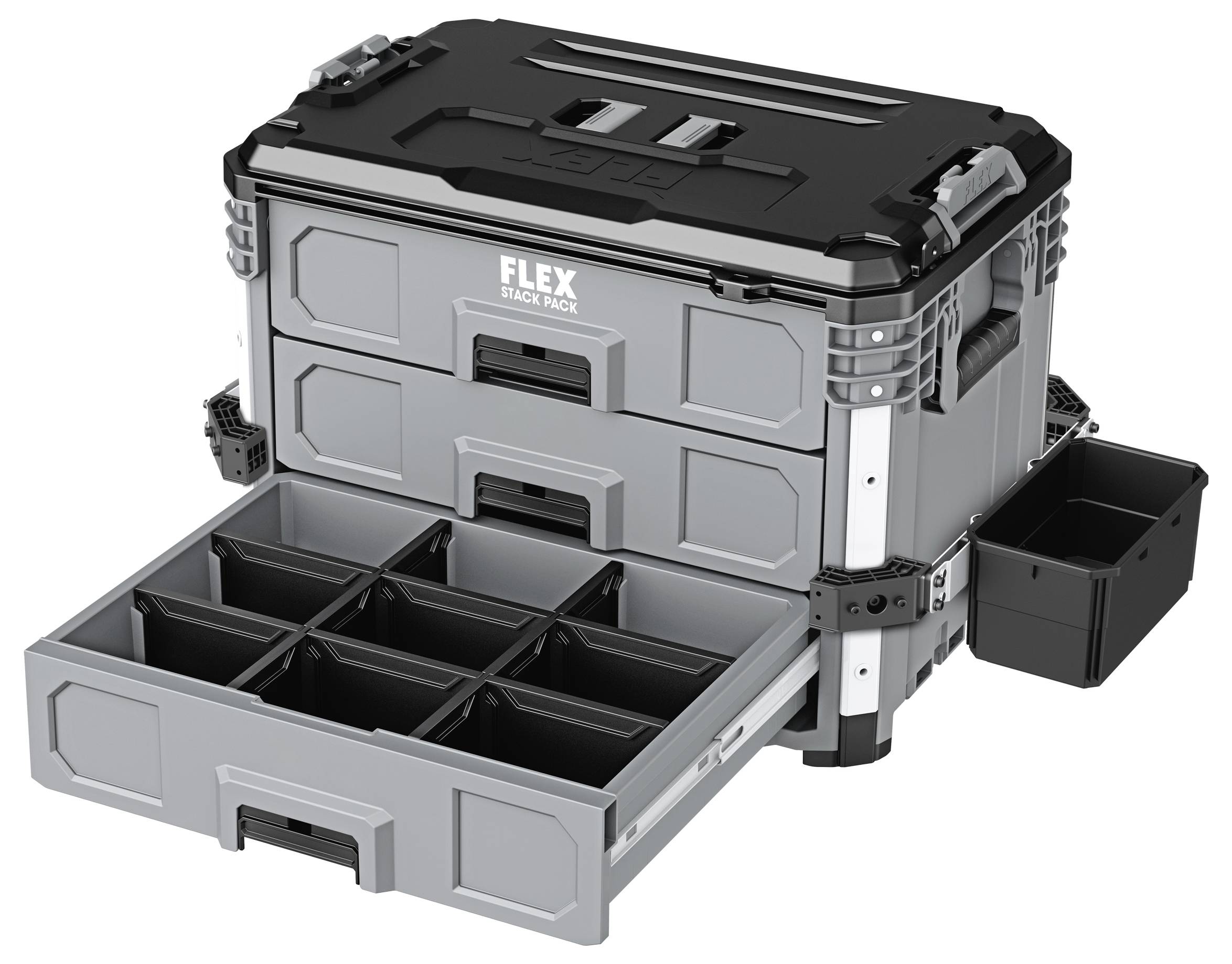 Boîte de rangement modulaire FLEX stack pack avec tiroir frontal ouvert et bacs latéraux amovibles, présentée en gris et noir.