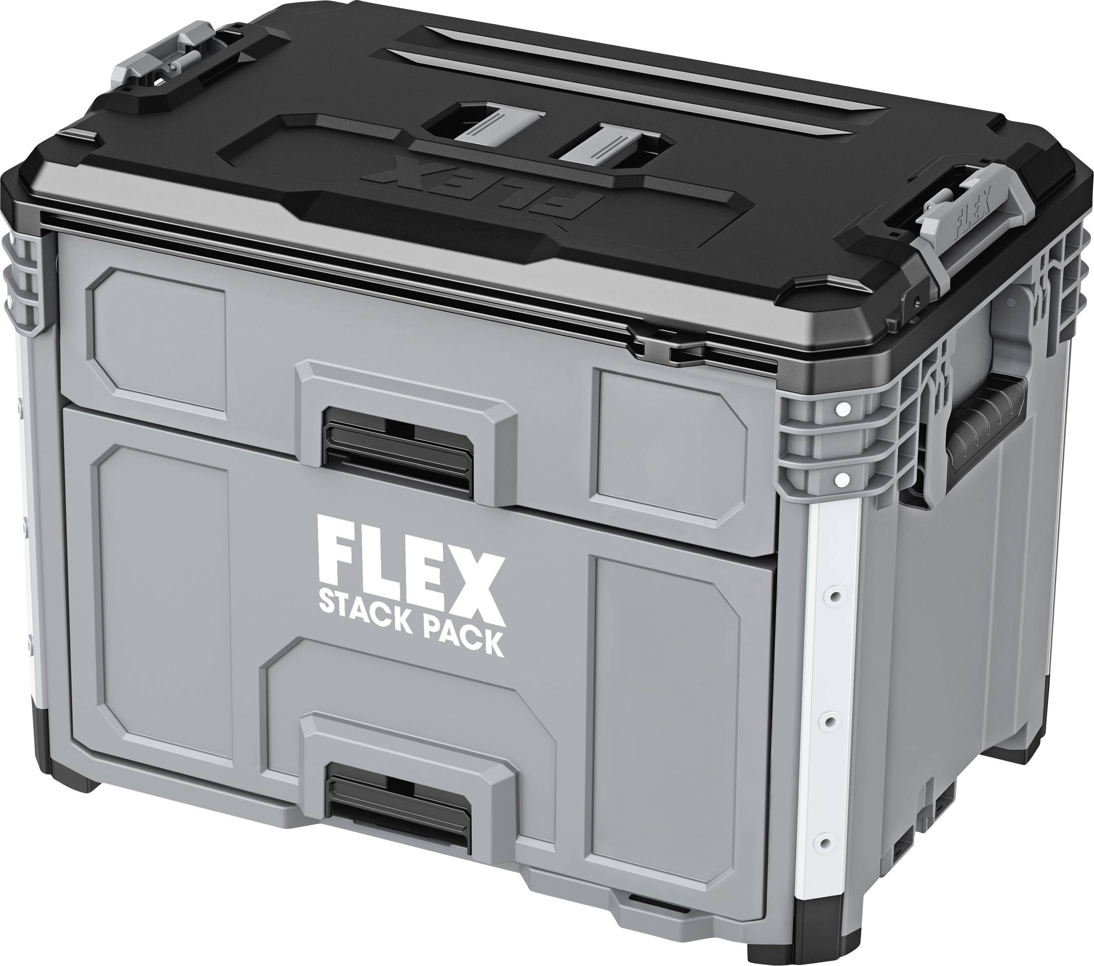 Boîte de rangement d'outils FLEX Stack Pack grise et noire avec couvercle à fermeture et poignée, présentée sur un fond blanc.