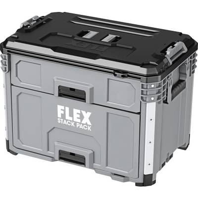 Boîte de rangement d'outils FLEX Stack Pack grise et noire avec couvercle à fermeture et poignée, présentée sur un fond blanc.