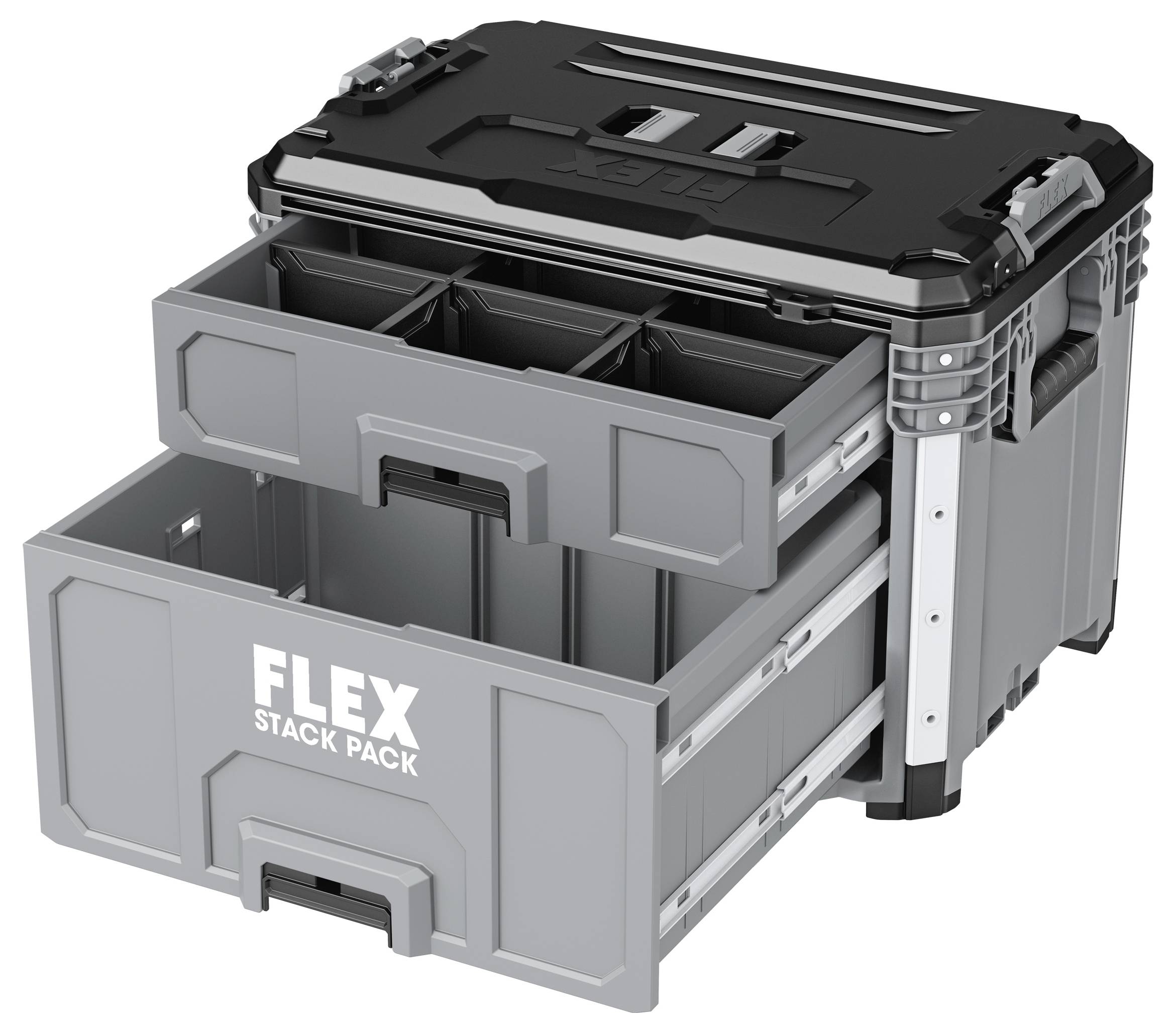 Boîte de rangement modulaire Gray FLEX STACK PACK avec un tiroir ouvert, montrant les séparateurs internes et un couvercle noir sur le dessus.