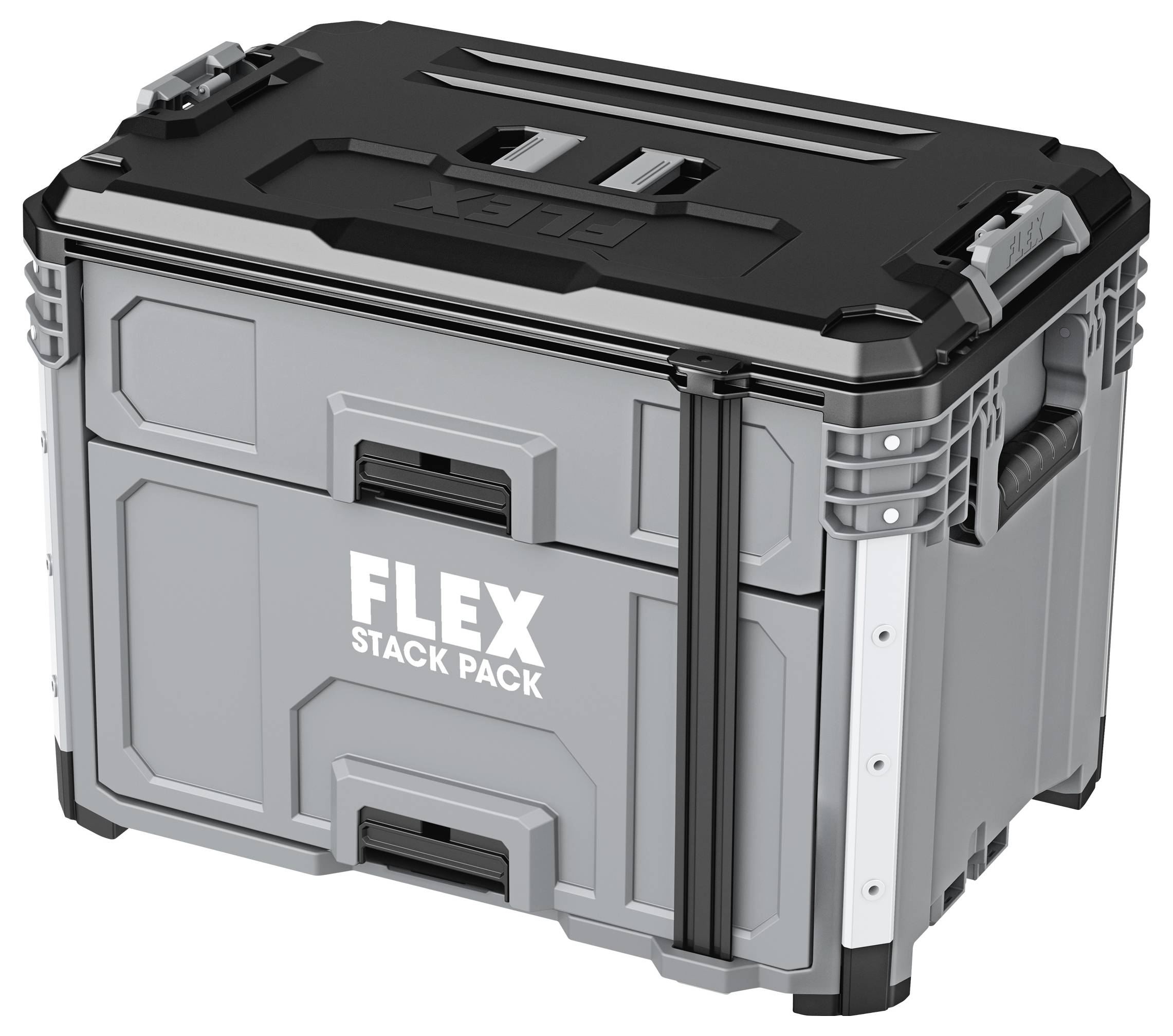 Boîte de rangement d'outils modulaire Gray FLEX Stack Pack avec couvercle noir et poignées, présentée dans une vue de style produit.