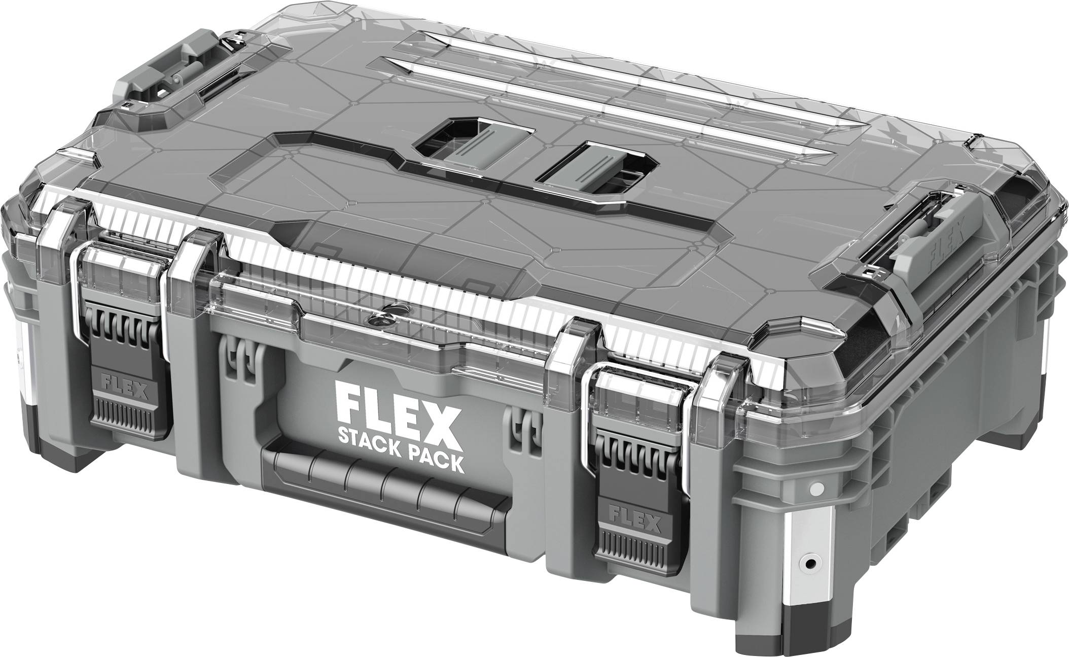 Mallette de rangement portable FLEX STACK PACK grise avec couvercle à fermeture et coins renforcés, présentée fermée sur fond blanc.