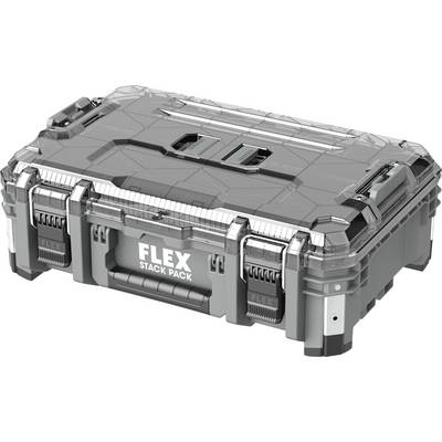 Mallette de rangement portable FLEX STACK PACK grise avec couvercle à fermeture et coins renforcés, présentée fermée sur fond blanc.