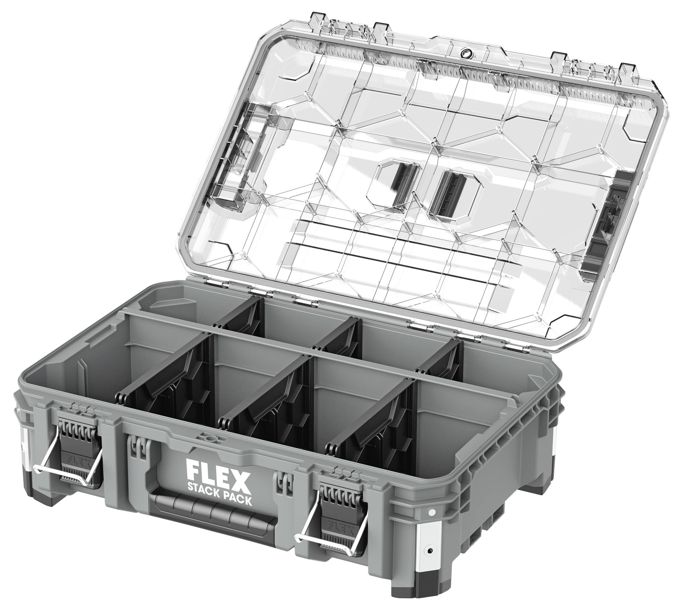 Boîte à outils en plastique gris avec couvercle transparent, divisée en plusieurs compartiments, portant l'étiquette « FLEX STACK PACK ».
