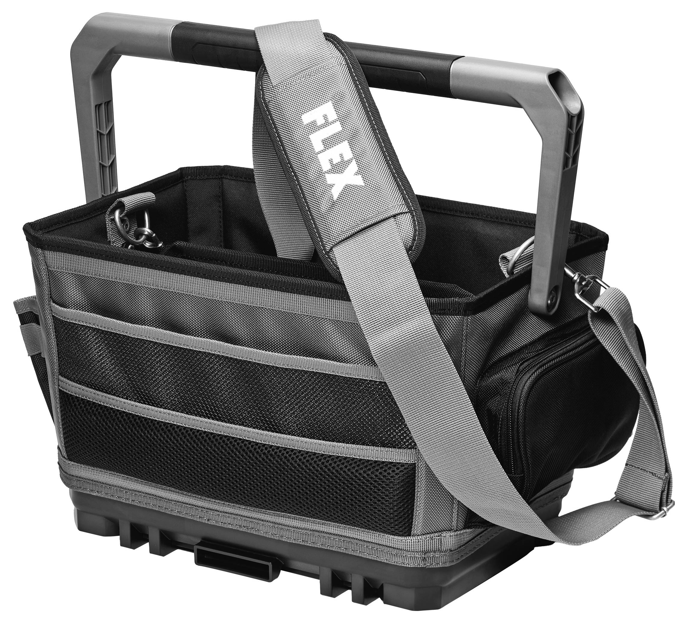 Sac à outils FLEX noir avec poignée rigide, plusieurs poches et sangle d'épaule, présenté sur fond blanc.