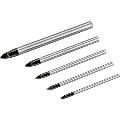 Cinq recharges de stylo bille en acier inoxydable avec des pointes noires disposées en diagonale sur un fond blanc.