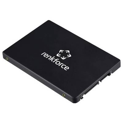 Boîtier de disque dur externe Renkforce noir avec logo blanc, présenté dans une vue de produit en angle sur un fond blanc uni.