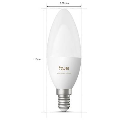 Image produit d'une ampoule LED Hue White and Color blanche, présentée en vue de face avec dimensions indiquées : 117 mm de hauteur et 39 mm de largeur.