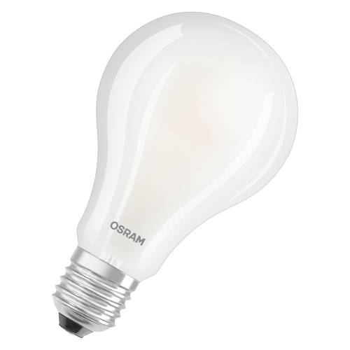 Ampoule OSRAM blanche sur un fond uni, présentée en angle avec une base à vis métallique.